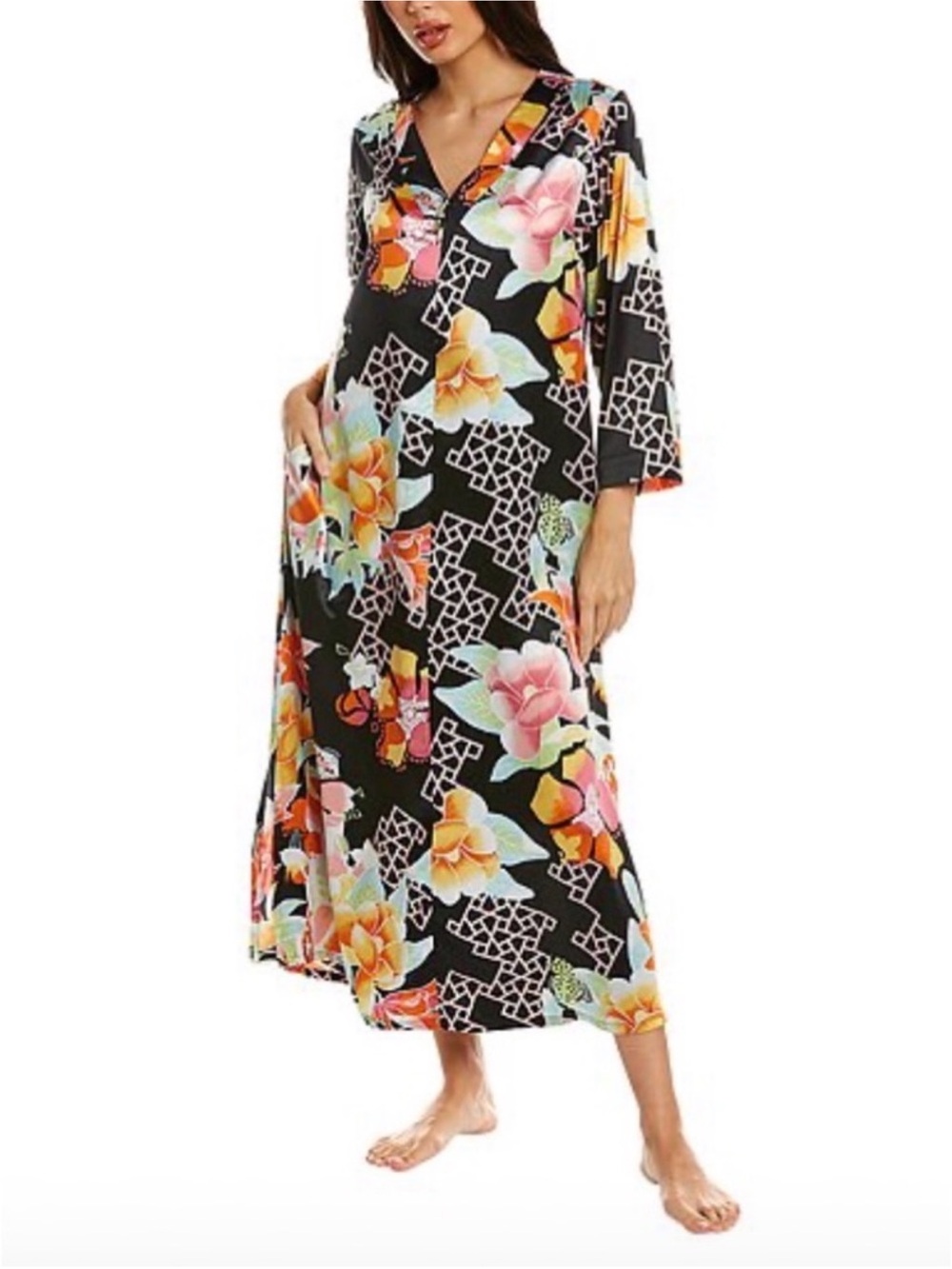Natori Camellia Black Floral & Geometric zip front caftan midi dress small